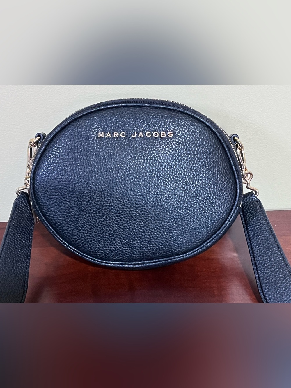 Marc Jacobs Black Pebbled Leather Round Crossbody Bag w/ Guitar Strap